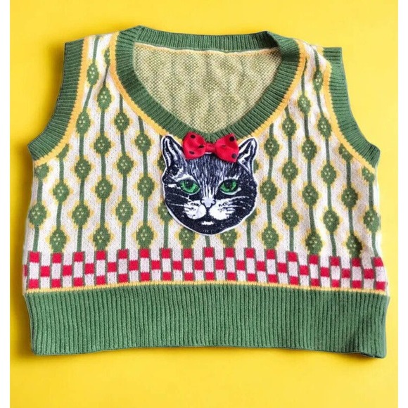 Sleeveless Argyle Black Cat Sweater Crop Top Check Bow Knit Shirt Women L Romwe - Picture 1 of 9